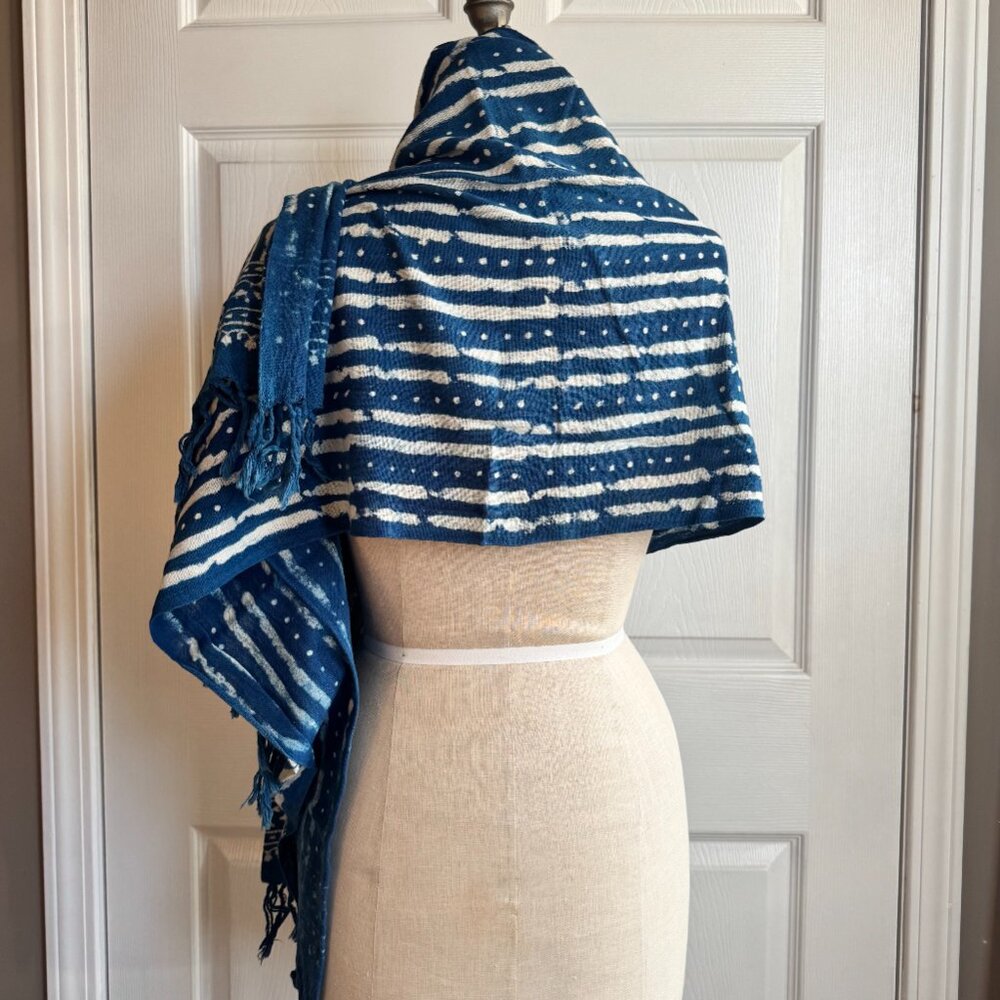 Large Mudcloth Print Woven Blanket Scarf By Paz Collective Shawl Cotton Indigo - Picture 3 of 10